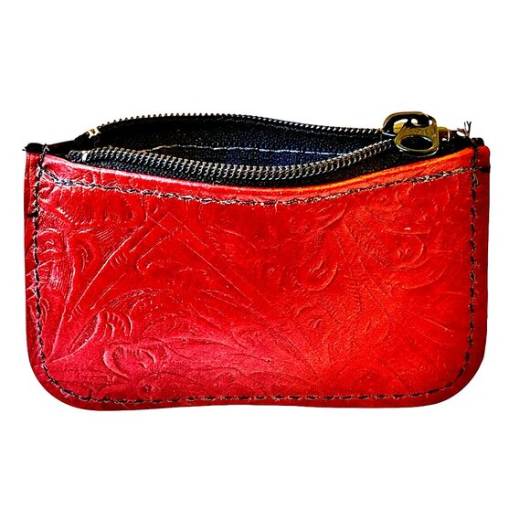 Mini Leather Zipper Pouch Emblossed Red & Black Hand Crafted Tiny New - Picture 10 of 11